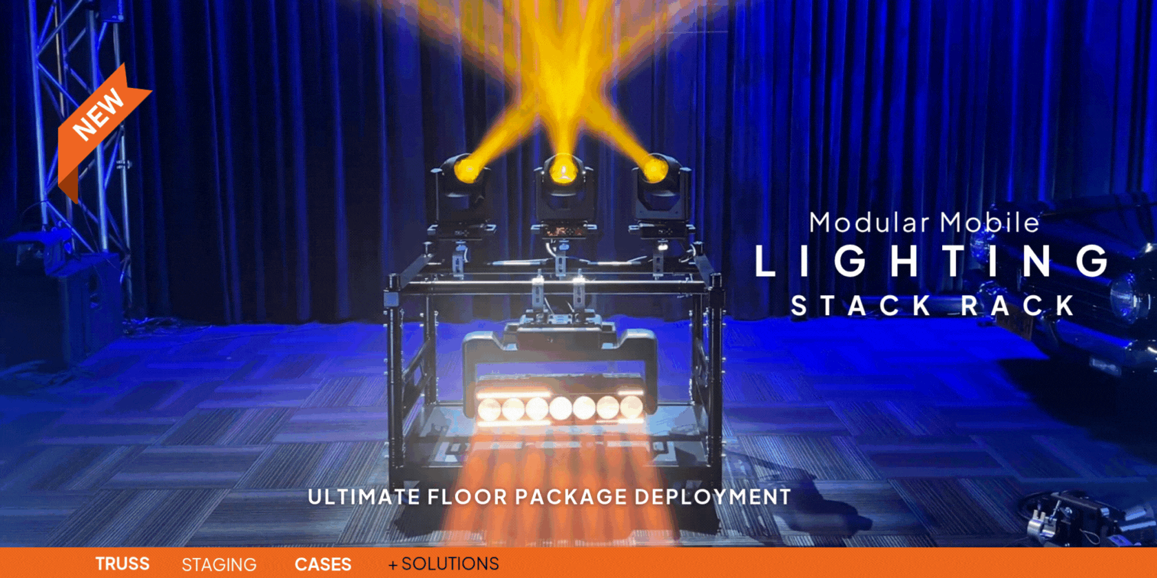 Modular Lighting Stack Rack (ModLSR) – Black showing a single stack with pre-hung and pre-cabled lighting fixtures on a mobile aluminium frame, ready for transport or deployment.
