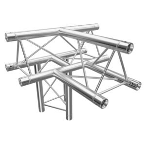 F23 Tri Truss 4 Way 90° Horizontal T- to Vertical Junction (Apex Up) with Spigots, Pins & R-Clips