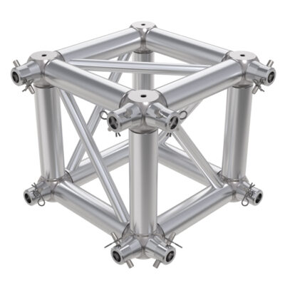 F24 Square Truss 6 Way Cube Junction with Half-Spigots, Pins & R-Clips for 2 Faces