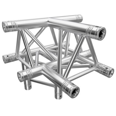 F33 Tri Truss 4 Way 90° Horizontal T- to Vertical Junction (Apex Up) with Spigots, Pins & R-Clips