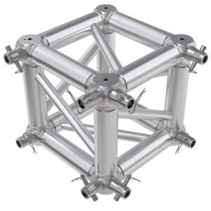 F34 Square Truss 6 Way Cube Junction with M10 Bolts, Half-Spigots, Pins & R-Clips for 2 Faces