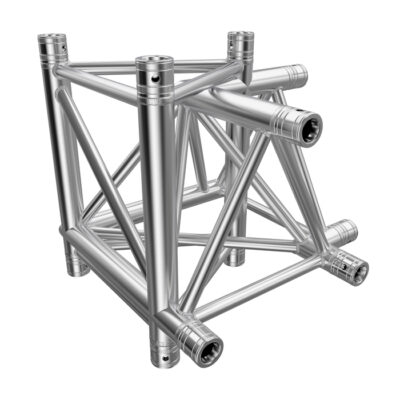 F43P Tri Truss 4 Way 90° Horizontal Truss Corner to Vertical Junction (Apex Up/Down) with Spigots, Pins & R-Clips - Left