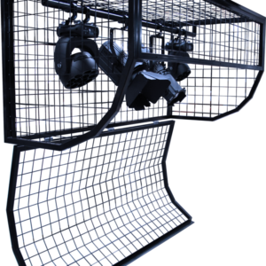 2400mm steel lighting bar protector cage, flat-packed, ideal for schools and multipurpose halls, with suspension points and hinged access door.