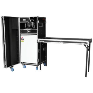 Black road case with built-in fridge, shelves, and fold-out table door for coffee machine and catering equipment transport.
