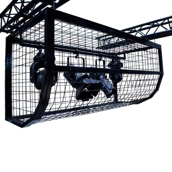 2400mm steel lighting bar protector cage, flat-packed, ideal for schools and multipurpose halls, with suspension points and hinged access door.