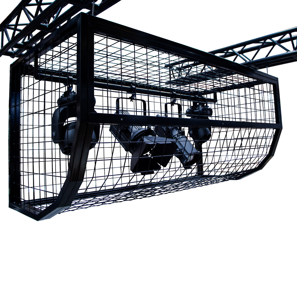2400mm steel lighting bar protector cage, flat-packed, ideal for schools and multipurpose halls, with suspension points and hinged access door.
