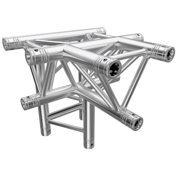 F33 Tri Truss 4 Way Horizontal T- to Vertical Junction (Apex Down) with Spigots, Pins & R-Clips