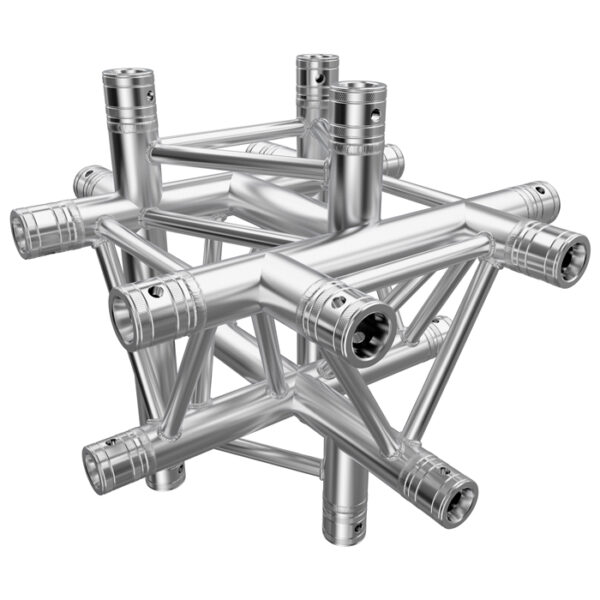 F33 Tri Truss 6 Way Horizontal X- to Vertical Junction (Up & Down) with Spigots, Pins & R-Clips