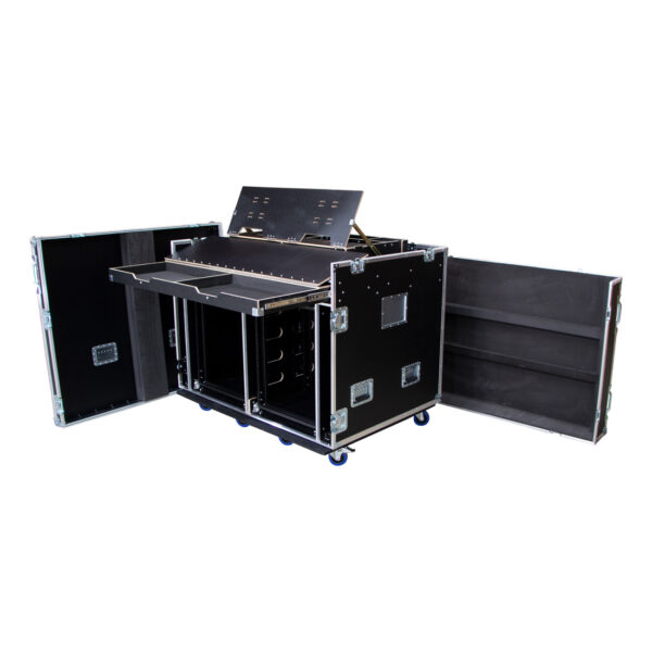 Dual 14RU Anti-Vibration Rack Mount Case with Drawer, Fold-Out Screen Compartment, Dual 2RU Rack Mounts and Rear Doors