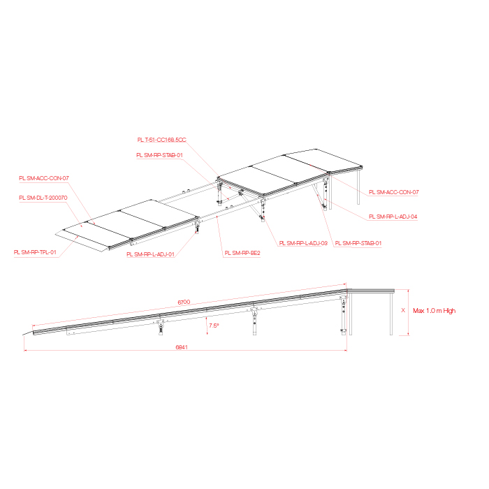 Technical drawing of Stage Car Ramp kit for 900mmH stage, showing ramp dimensions and adjustable legs