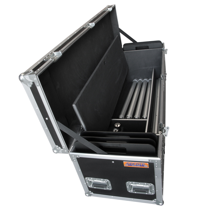 Roadcase compartment storing telescopic posts and cross bars for Curtain Call Ops Surround Kit