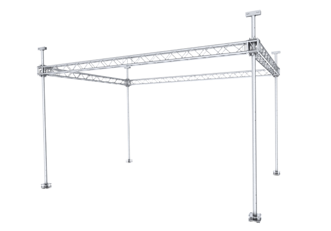Baby Tower round column rigging tower for discreet ground support in television production.