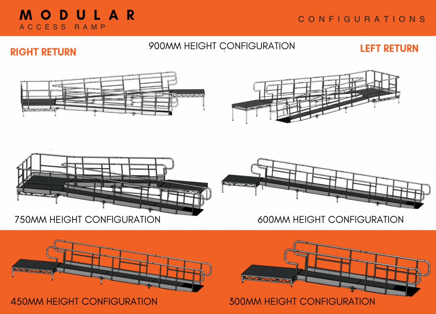 Modular Access Ramp Configurations – Compatible with 300mm, 400mm, 600mm, 750mm & 900mm Stage Heights