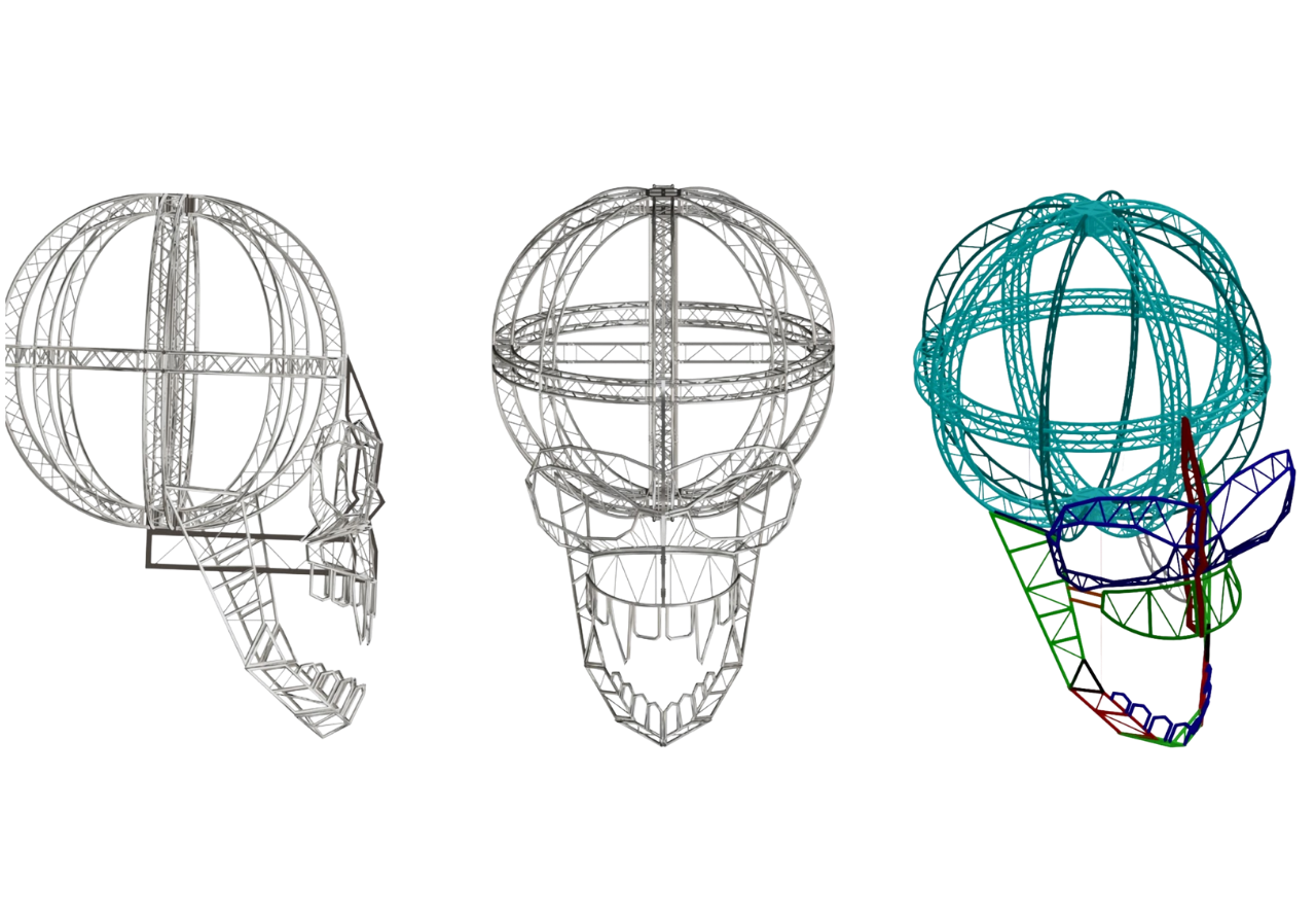 CAD drawing of 9m truss skull structure designed for Crusty Demons by Design Quintessence.