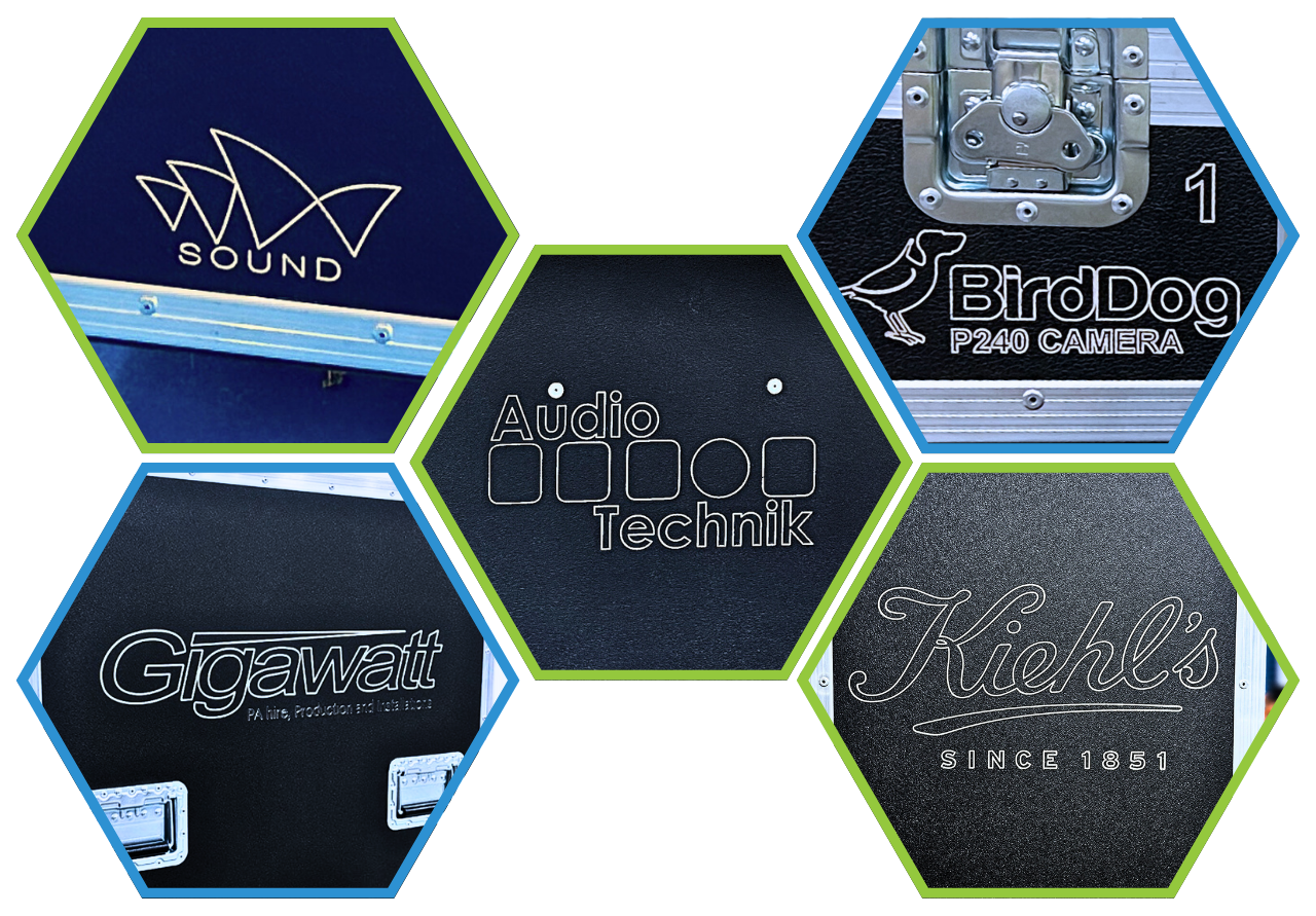 Custom CNC engraved Ovation road case with client branding.
