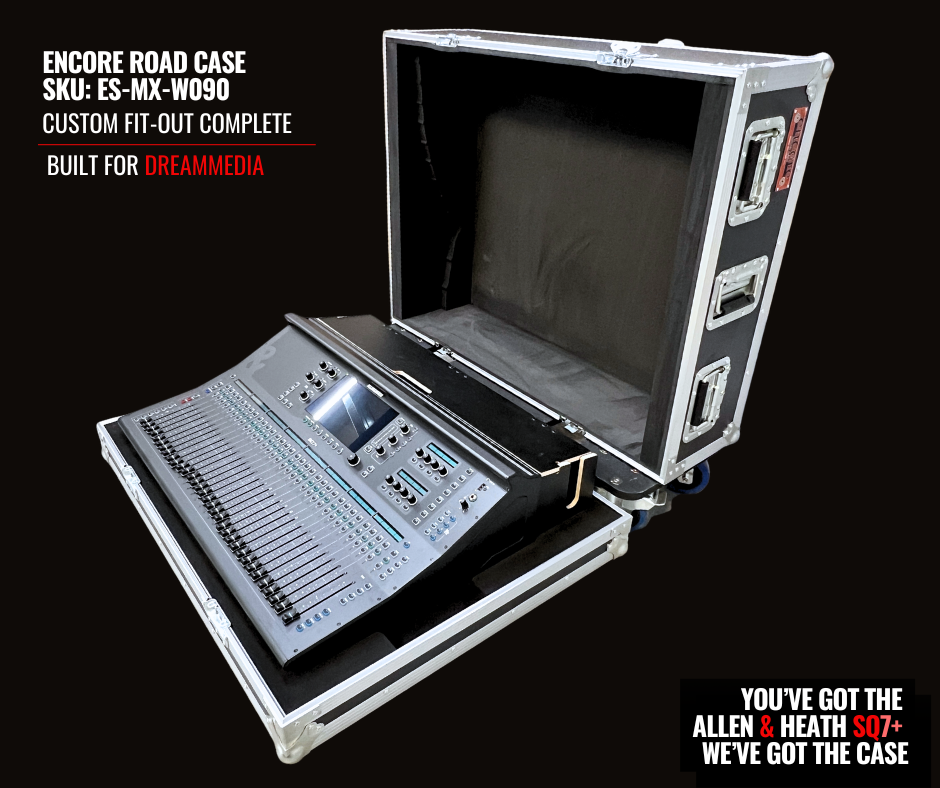 Side view Allen & Heath SQ7+ custom fit-out in Encore Road Case (SKU: ES-MX-W090), to securely house the console for transport, storage and life on the road.