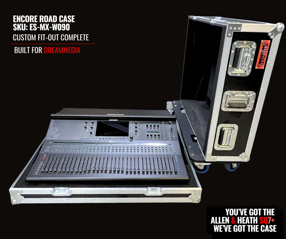 Front view Allen & Heath SQ7+ custom fit-out in Encore Road Case (SKU: ES-MX-W090), to securely house the console for transport, storage and life on the road.