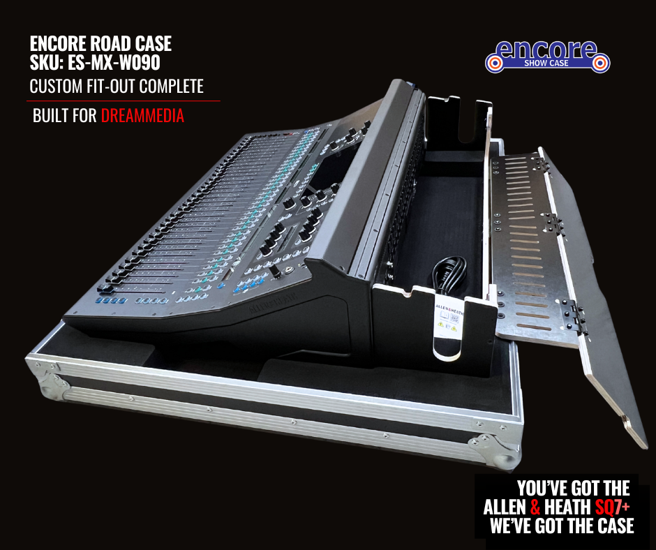 Back view Allen & Heath SQ7+ custom fit-out in Encore Road Case ES-MX-W090 to securely house the console