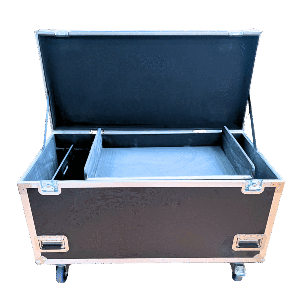 Large Cable Packer 1200mmL x 582mmD x 760mmH OD - Black; Multiple Position Slide-in Dividers 375mmH; Lift-out Tray 760mmL x 527mmD x 150mmH OD - lid open