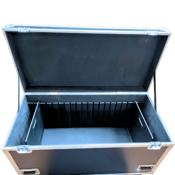 Large Cable Packer 1200mmL x 582mmD x 760mmH OD - Black; Multiple Position Slide-in Dividers 375mmH; Lift-out Tray 760mmL x 527mmD x 150mmH OD - interior view