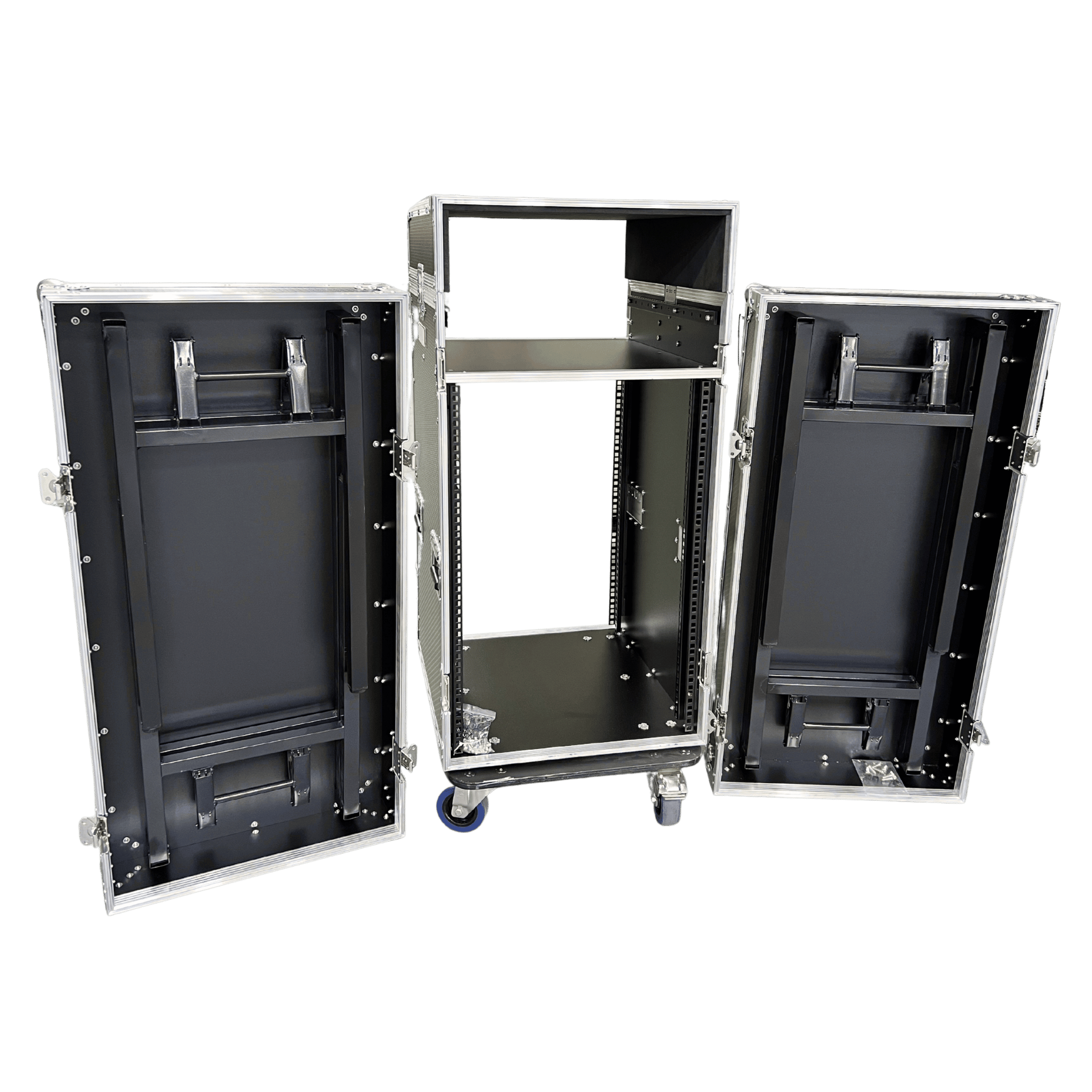 Encore 16RU rack mount workstation open with two detachable side benches