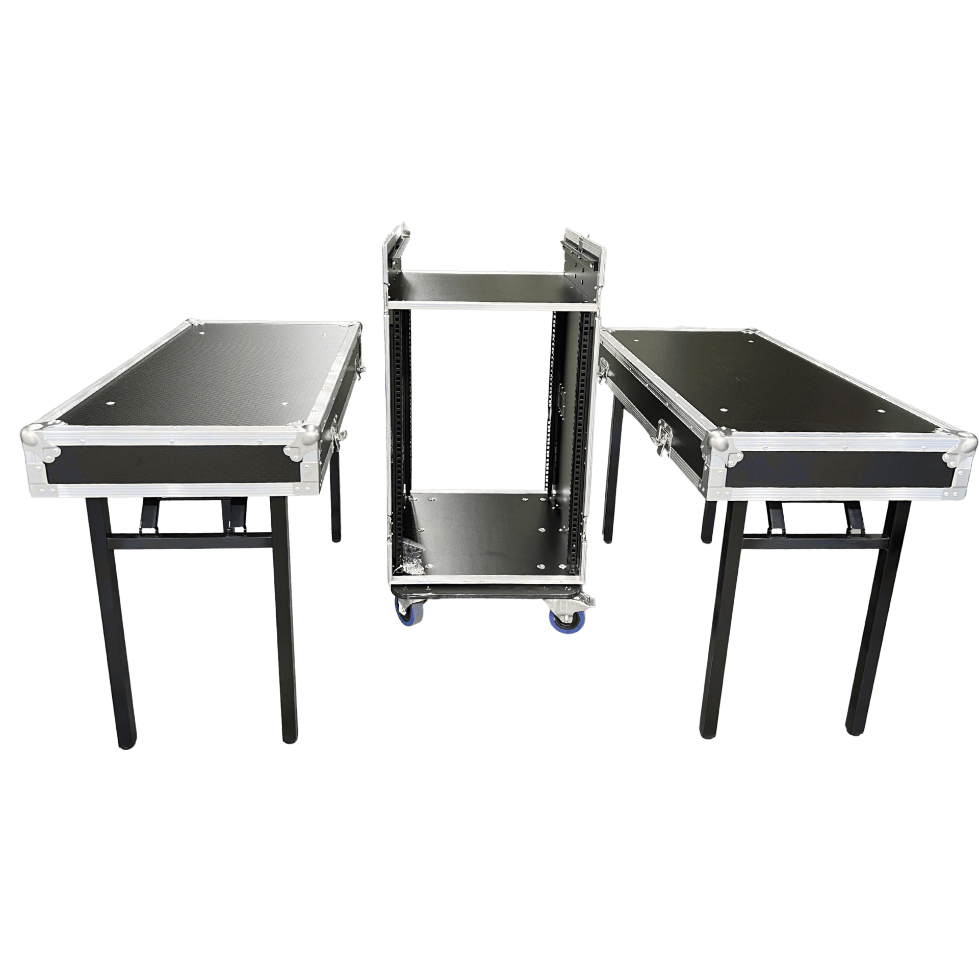 Encore 16RU production workstation with two detachable side benches deployed