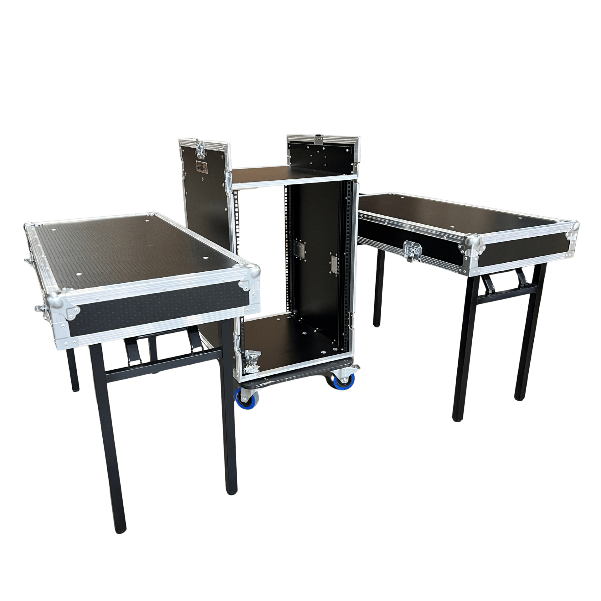 Encore 16RU rack mount workstation with fold-over upper section and two side benches