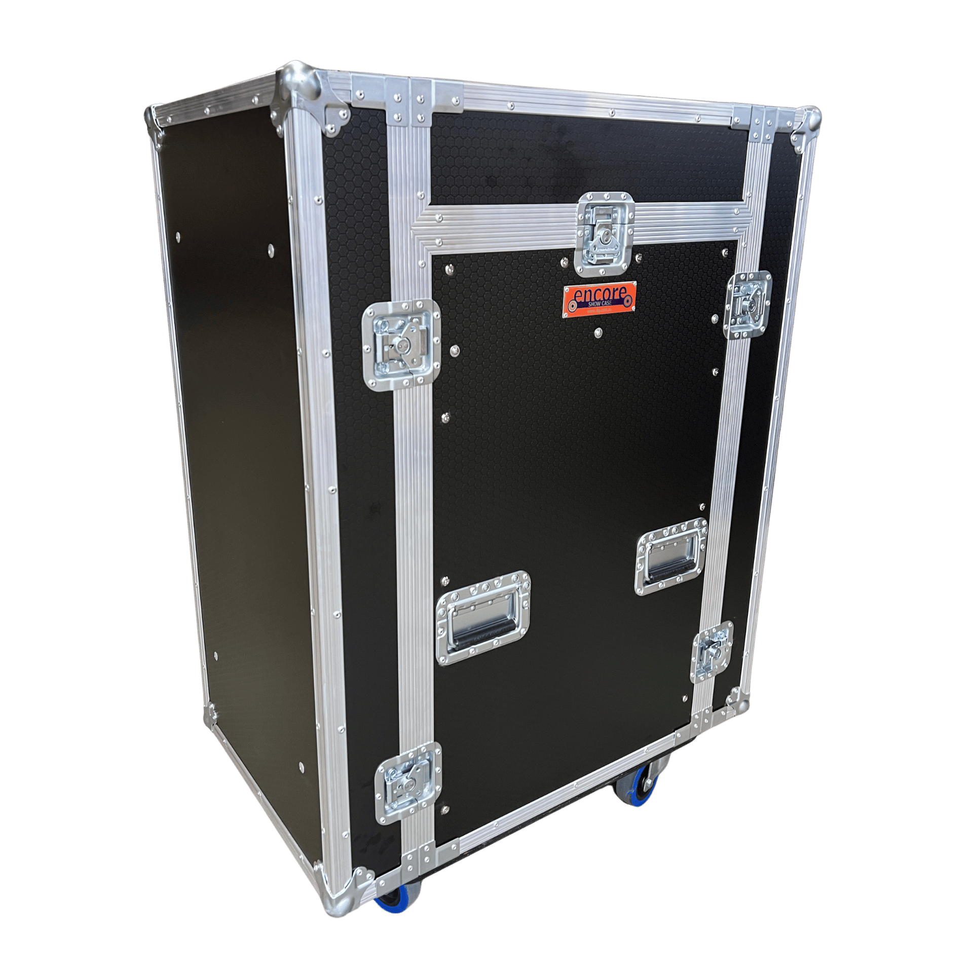 Encore 16RU 19-inch rack mount workstation road case with fold-over upper section and castors