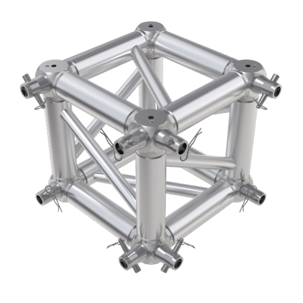 F34 Square Truss 6 Way Cube Junction with M10 Bolts, Half-Spigots, Pins & R-Clips for 2 Faces
