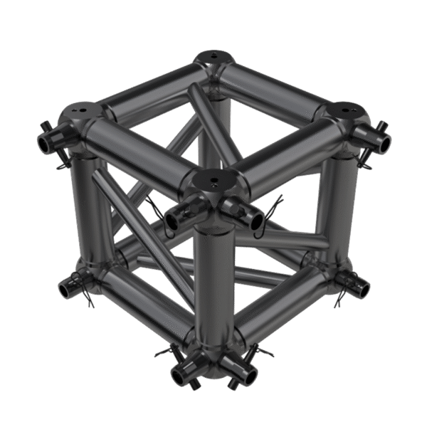 F34 Square Truss 6 Way Cube Junction with M12 Bolts, Half-Spigots, Pins & R-Clips for 2 Faces - Black
