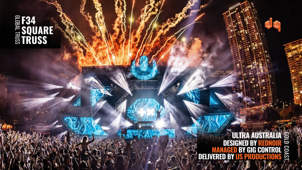 Ultra Australia Gold Coast festival stage featuring Global Truss F34, designed by Rednoir, managed by Gig Control, built by IJS Productions