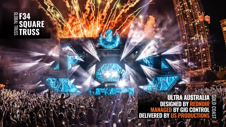 Ultra Australia Gold Coast festival stage featuring Global Truss F34, designed by Rednoir, managed by Gig Control, built by IJS Productions