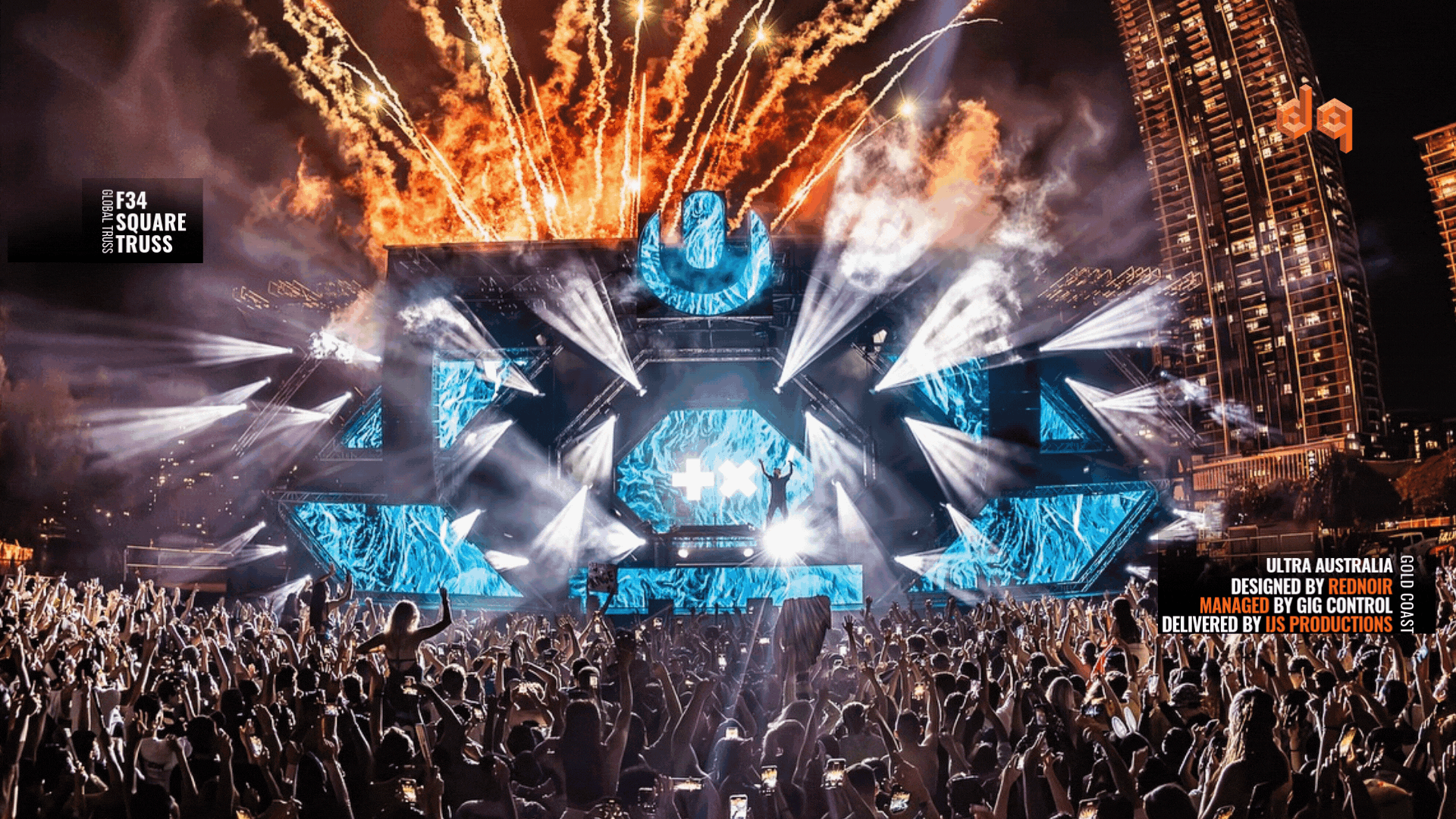 Ultra Australia Gold Coast festival stage featuring Global Truss F34, designed by Rednoir, managed by Gig Control, built by IJS Productions