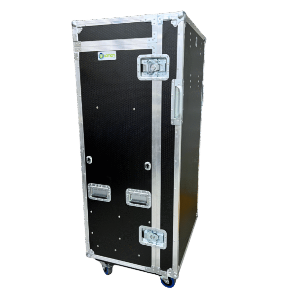 Ovation 12 Unit Mic Case closed, black 12mm ply with Penn Elcom hardware, featuring 6 post slots, 5 drawers, and removable door table (SKU: OV-MC-MI12-T)