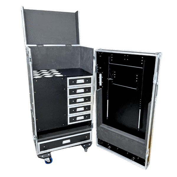 Ovation 12 Unit Mic Case open, showing 6 post slots, 5 drawers, and removable door table for mic stand and accessory storage, built from 12mm ply with Penn Elcom hardware (SKU: OV-MC-MI12-T)