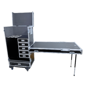 Ovation 12 Unit Mic Case open, showing 6 post slots, 5 drawers, and removable door table for mic stand and accessory storage, built from 12mm ply with Penn Elcom hardware (SKU: OV-MC-MI12-T)