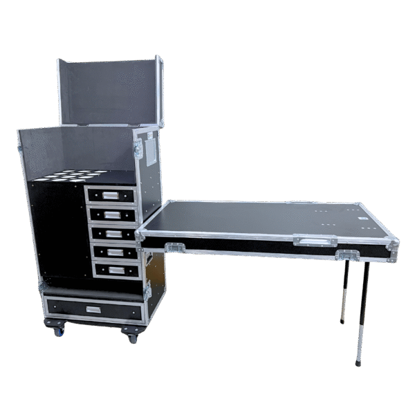 Ovation 12 Unit Mic Case open, showing 6 post slots, 5 drawers, and removable door table for mic stand and accessory storage, built from 12mm ply with Penn Elcom hardware (SKU: OV-MC-MI12-T)