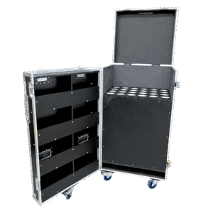 Ovation 24 Unit Mic Stand Case open, showing 24 compartments and 8 internal door shelves for mic stands and accessories (SKU: OV-MC-MI24)