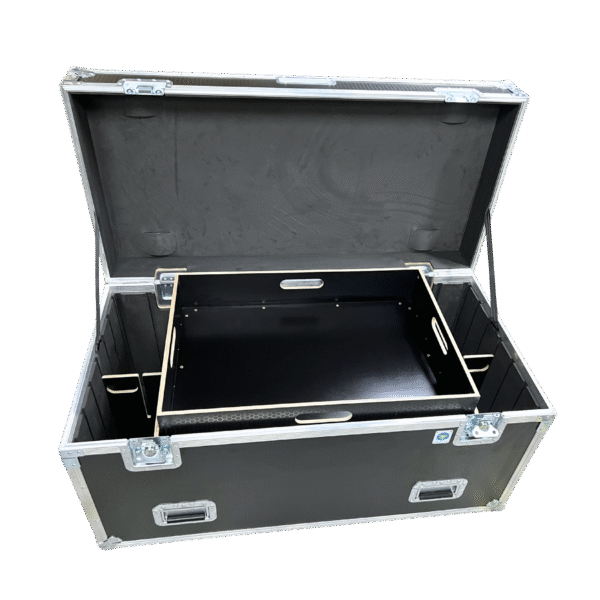 OV-MTP-6012076-12 Mother Trucker Packer road case showing foam-lined interior, multiple-position slide-in dividers, and lift-out tray