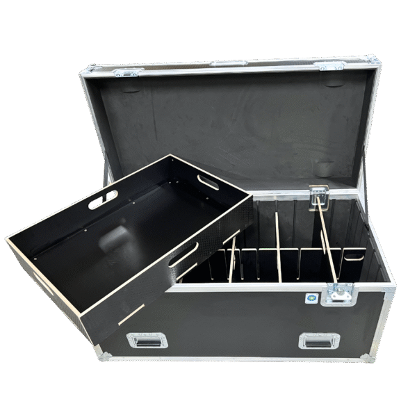 OV-MTP-6012076-12 Mother Trucker Packer road case showing foam-lined interior, multiple-position slide-in dividers, and lift-out tray