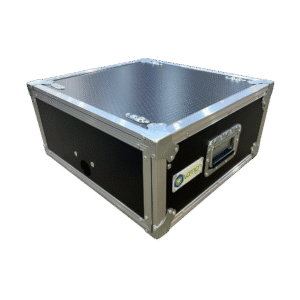 4RU Standard 19-inch Ovation Slide Away Rack Mount Case in black with dual lids slid up and neatly tucked, showing stackable design4RU Standard 19-inch Ovation Slide Away Rack Mount Case in black with dual lids slid up and neatly tucked, showing stackable design