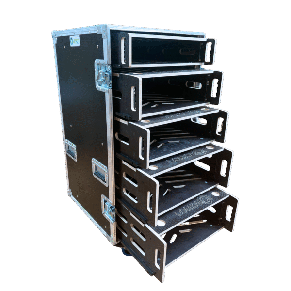 16RU Sleeve Stacking Case 600mmW x 728mmD x 1190mmH - case open with rack sleeves inside