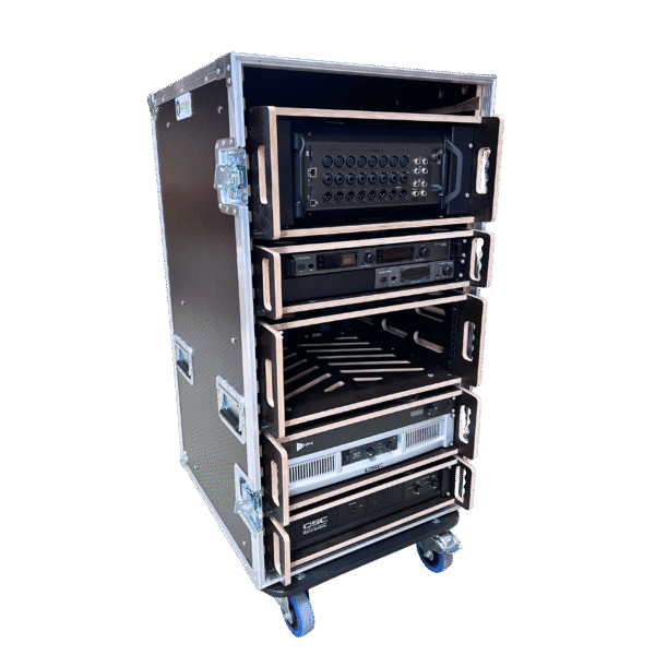 16RU Sleeve Stacking Case 600mmW x 728mmD x 1190mmH - racked with gear