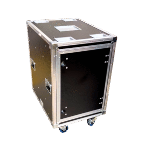 Ovation 16RU Anti-Vibration Rack Mount Case closed with slide-away doors and Penn Elcom slam latches