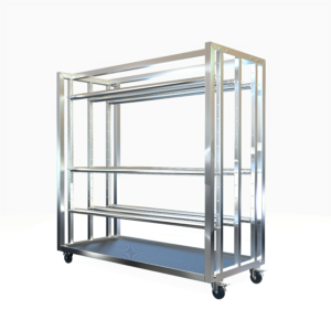 Adjustable mobile lighting meat rack with multiple horizontal hanging bars and castors