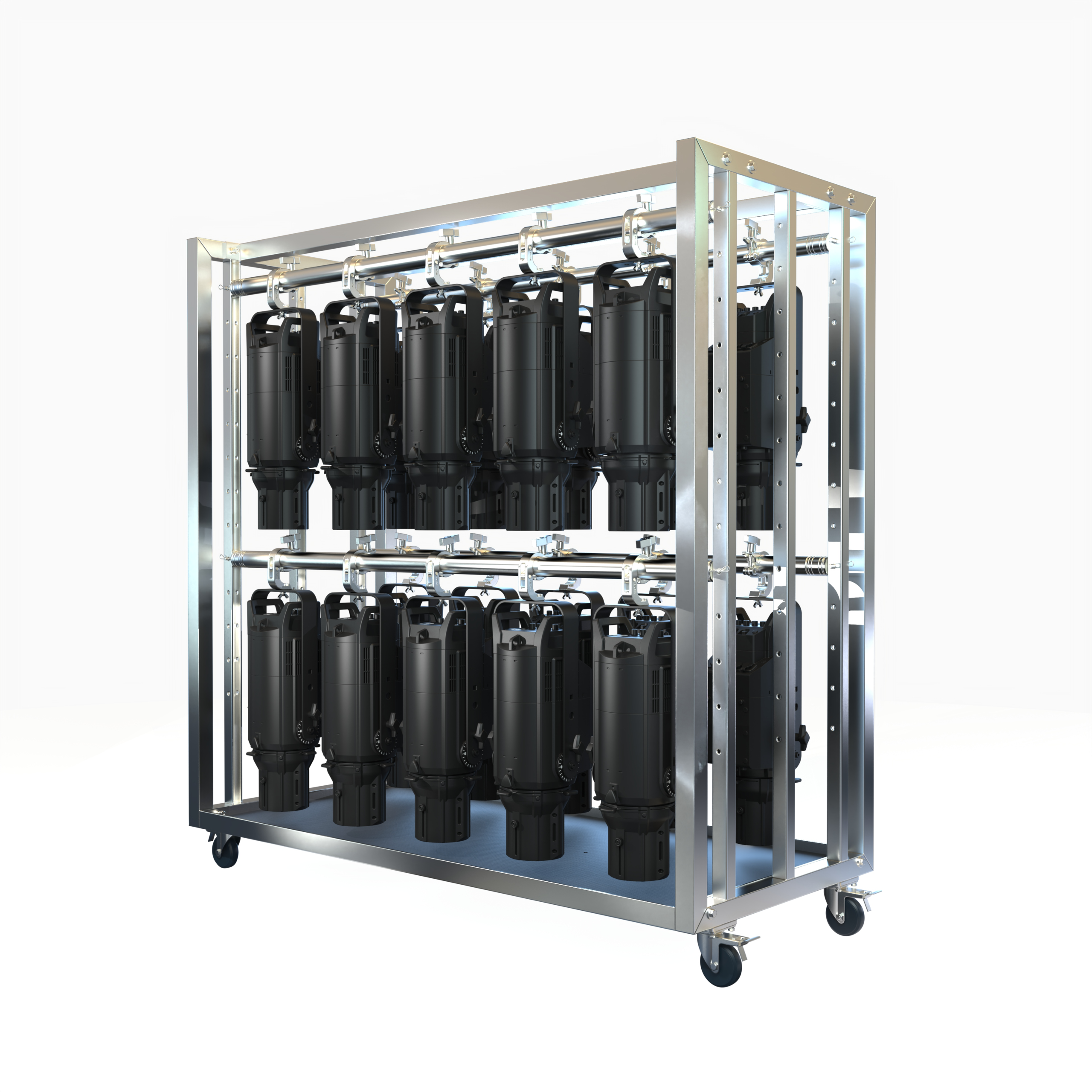 Adjustable lighting meat rack loaded with multiple professional lighting fixtures