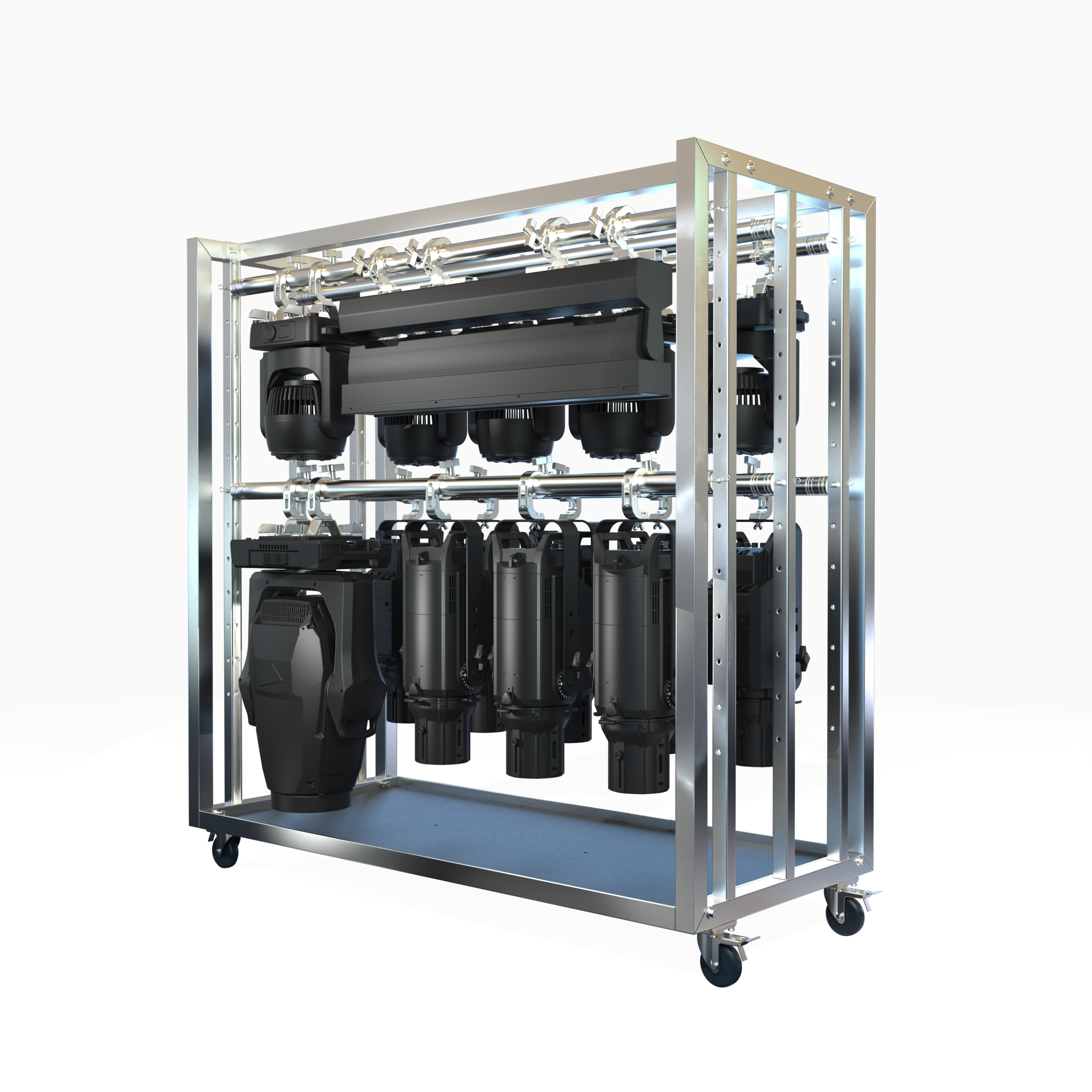 Adjustable mobile lighting meat rack configured for different sizes of entertainment lighting fixtures