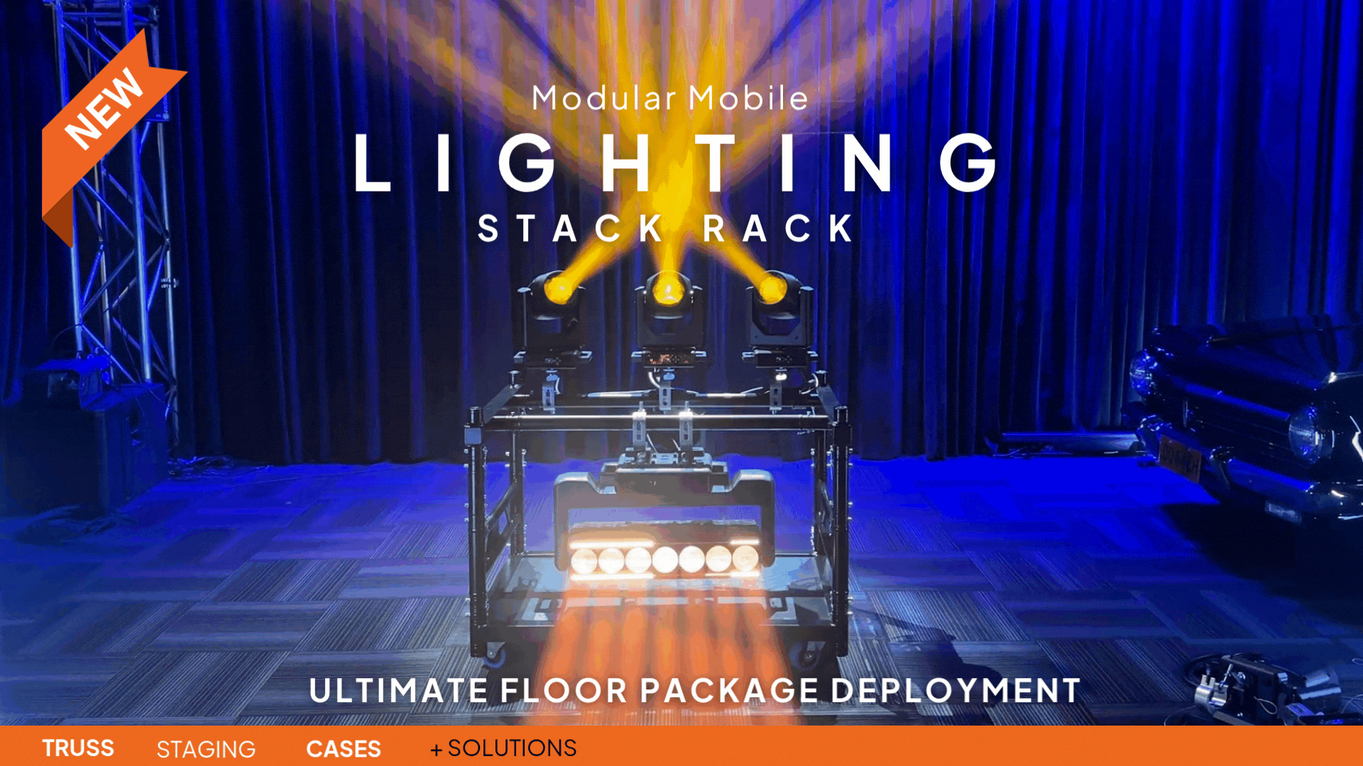 Modular Lighting Stack Rack (ModLSR) – Black showing a single stack with pre-hung and pre-cabled lighting fixtures on a mobile aluminium frame, ready for transport or deployment.