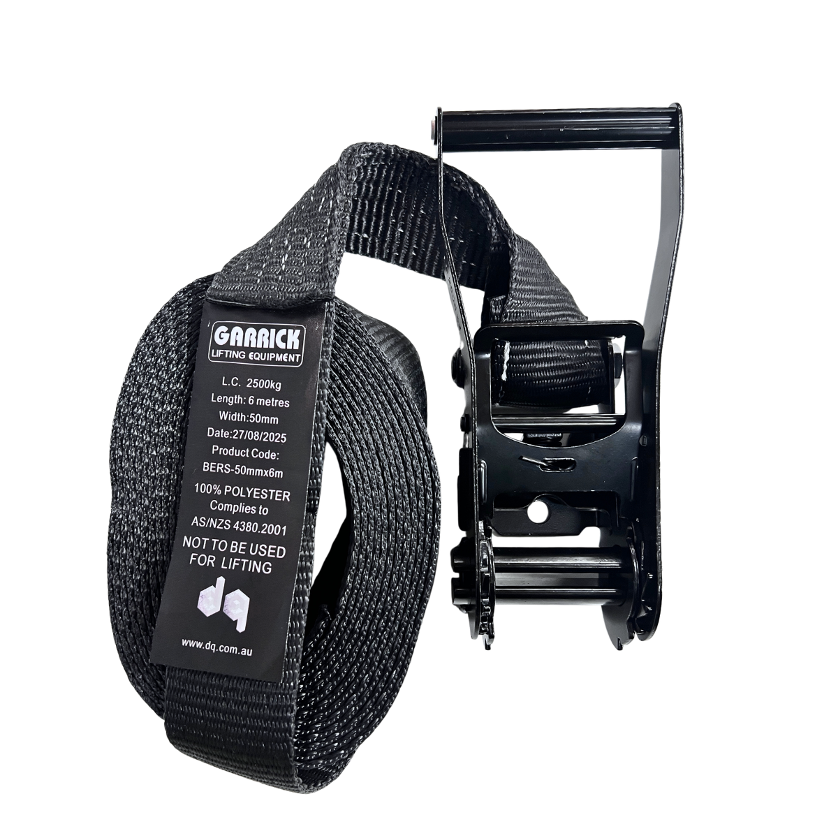 6m x 50mm Black Endless Ratchet Strap with 2,500kg L.C. Made from 100% polyester and compliant with AS/NZS 4380:2001 for safe, reliable load restraint.