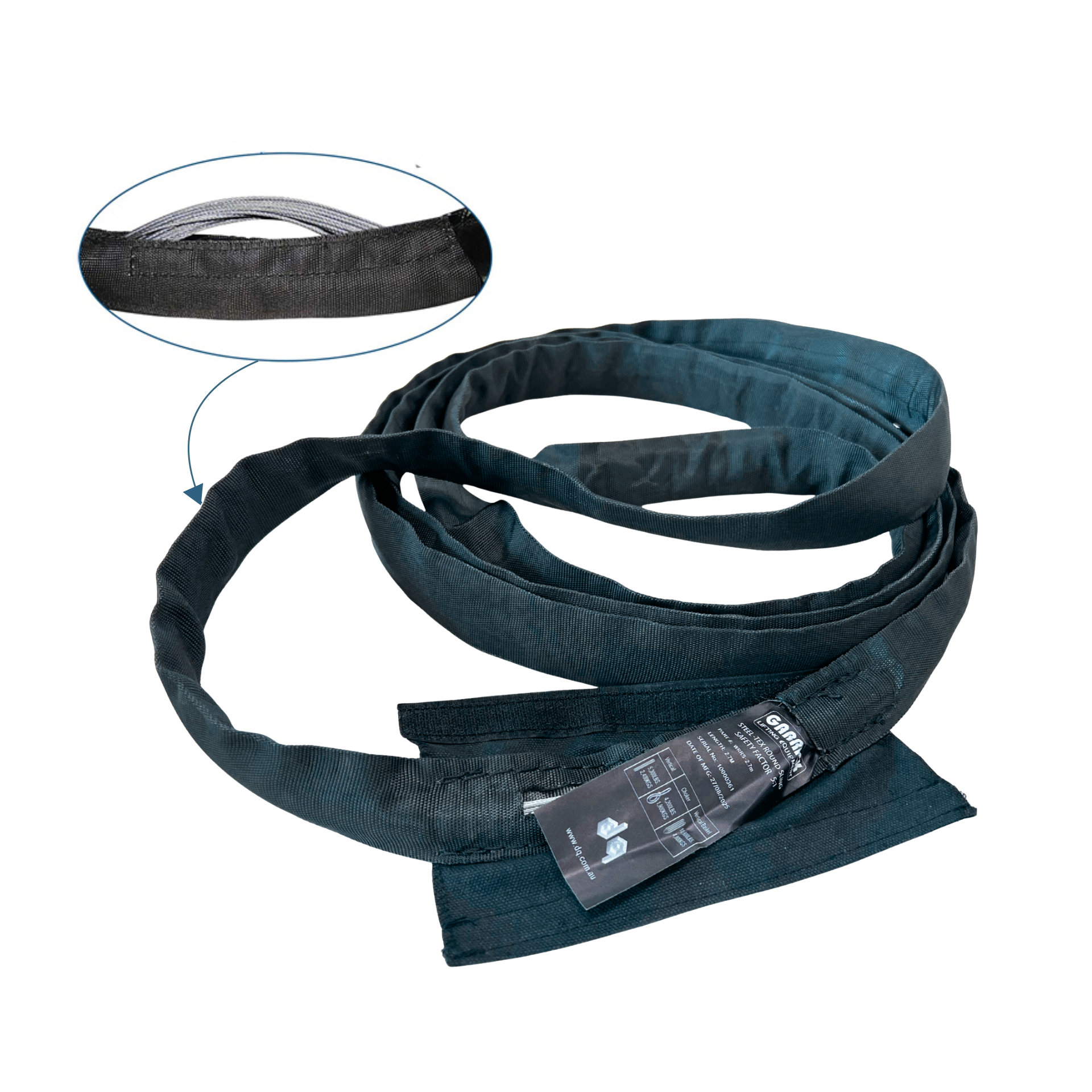 1.8m Steel-Tex Wire Rope Round 1.8m Steel-Tex wire rope round sling with black outer sleeve and inspection opening showing steel wire rope core